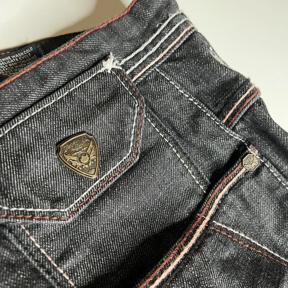 Foreign Lavish Mens 44 Dark Wash Baggy Denim Jeans Gun Embroidery Y2K Streetwear